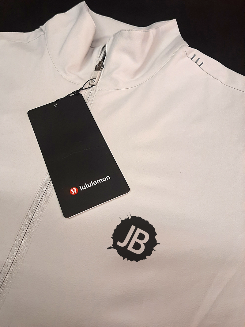 Black lululemon jacket with JB embroidery example