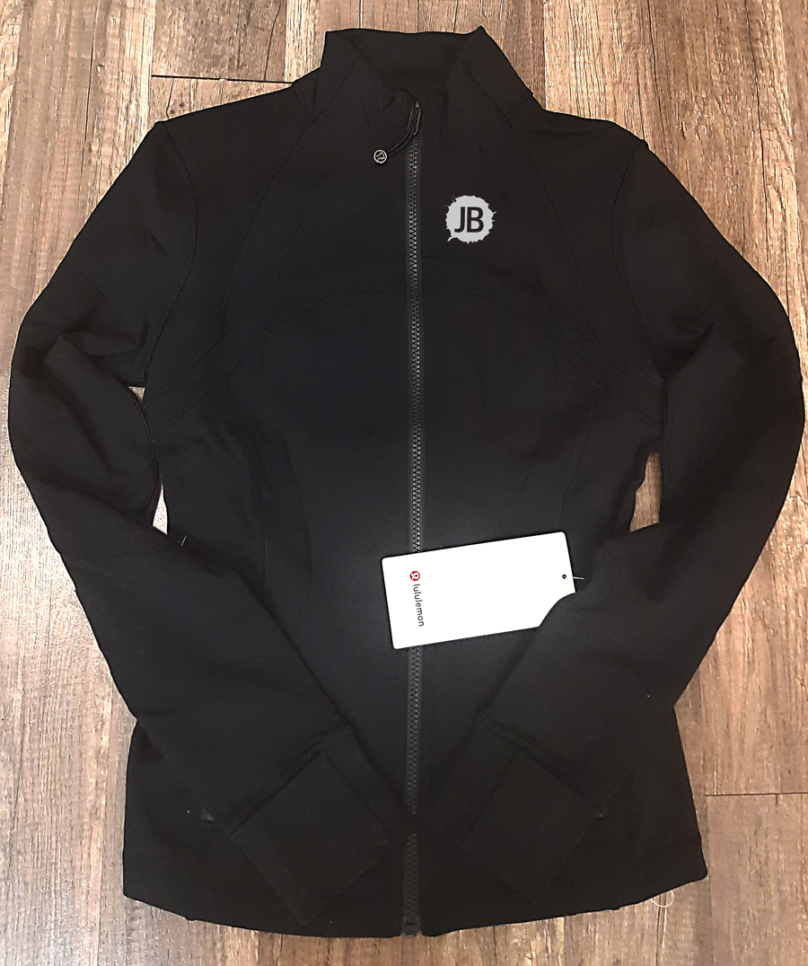 White lululemon apparel with JB embroidery example
